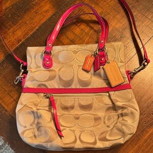 AUTHENTIC New Coach Signature Poppy Glam canvas purse bag Y2K style Tan Hot Pink